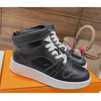 Top Grade Hermes Freestyle Calfskin High-top Sneakers Black 221215