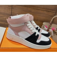 Luxury Hermes Freestyle Calfskin and Suede High-top Sneakers Pink/White 221219