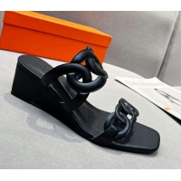 Classic Hot Hermes Figari Calfskin Wedge Sandals 5.5cm All Black 221220