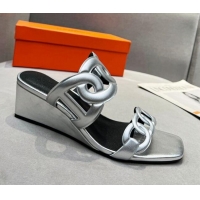 Good Quality Hermes Figari Calfskin Wedge Sandals 5.5cm Silver 221221