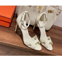 Top Grade Hermes Premiere Heel Sandals 9 cm in Crocodile Embossed Leather 020867 White