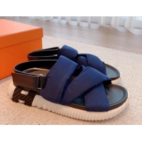 Stylish Hermes Eclair Fabric Strap Flat Sandals Navy Blue 020898