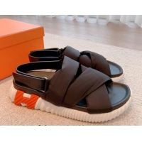 Sumptuous Hermes Eclair Fabric Strap Flat Sandals Black 020899