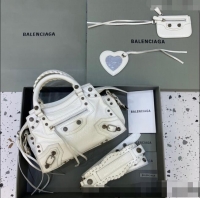 Famous Brand Balenciaga Neo Cagole XS Lambskin Top Handle Bag BA1570 White/Aged Silver 2022