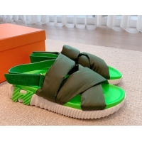 Top Design Hermes Eclair Fabric Strap Flat Sandals Green 208102