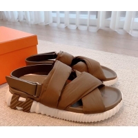 Best Product Hermes Eclair Fabric Strap Flat Sandals Brown 0208103