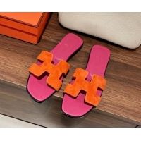 Shop Cheap Hermes Classic Flat Slide Sandals in Suede and Leather Orange/Dark Pink 022426