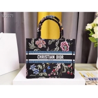 Famous Brand SMALL DIOR BOOK TOTE Black Multicolor Dior Petites Fleurs Embroidery M1265ZC