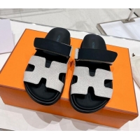 Most Popular Hermes Chypre Sandals in Fabric and Suede Black/White 217057