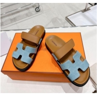 Durable Hermes Chypre Sandals in Blue Denim and Brown Calfskin 217056