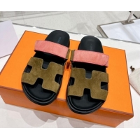 Low Cost Hermes Chypre Sandals in Suede Pink/Khaki 0217053