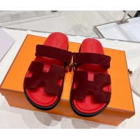 Duplicate Hermes Chypre Sandals in Suede Deep Red 217052