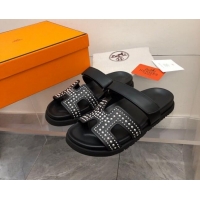 Grade Quality Hermes Chypre Calfskin Flat Sandals with Studs Black 223100