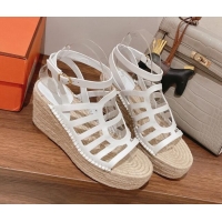 Best Grade Hermes Camelia Leather Wedge Sandals 8.5cm White 022372