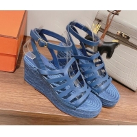 Good Looking Hermes Camelia Leather Wedge Sandals 8.5cm Blue 022375