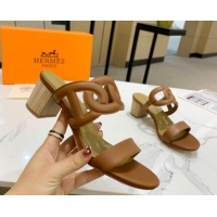 Pretty Style Hermes Extra Calfskin Heel Sandals 5.5cm Brown 022380