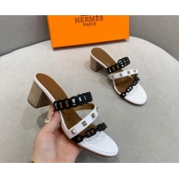 Durable Hermes Chain Calfskin Heel Slide Sandals 5.5cm with Studs White/Black 022384