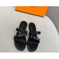 Luxurious Hermes Chain Calfskin Flat Slide Sandals with Studs Black 022388