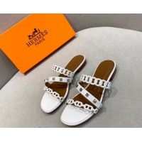 Low Price Hermes Chain Calfskin Flat Slide Sandals with Studs White 022389