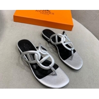 Best Price Hermes Egerie Thong Slide Sandals Silver 022394