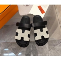 Pretty Style Hermes Chypre Flat Sandals in Fabric and Leather Black/White 223101