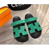 Popular Style Hermes Chypre Flat Sandals in Suede Green/Black 223106