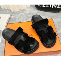 Perfect Hermes Chypre Flat Sandals in Suede All Black 223108