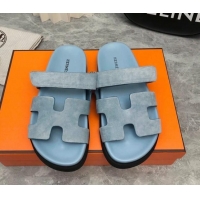 Top Design Hermes Chypre Flat Sandals in Suede Light Blue 223109