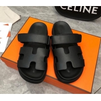 Luxury Hermes Chypre Flat Sandals in Smooth Leather All Black 223111