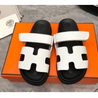 Luxury Cheap Hermes Chypre Flat Sandals in Epsom Leather White/Black 223112