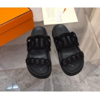 Good Quality Hermes Extra Suede Chain Flat Slide Sandals All Black 223117