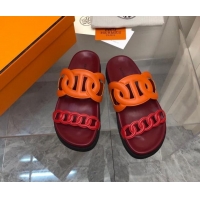 Best Grade Hermes Extra Leather Chain Flat Slide Sandals Orange/Red/Burgundy 0223114