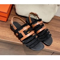 Top Grade Hermes Ephese Strap Flat Sandals in Swift Leather and Suede Brown/Black 022401