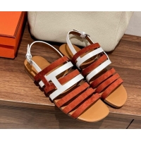 Trendy Design Hermes Ephese Strap Flat Sandals in Swift Leather and Suede Brown/White 022402 