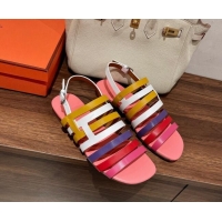 Sophisticated Hermes Ephese Strap Flat Sandals in Swift Leather Pink/Multicolor 022403