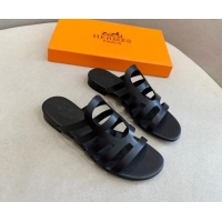 Stylish Hermes Camelia Flat Sandals in Calfskin All Black 022404