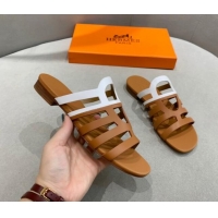 Low Price Hermes Camelia Flat Sandals in Calfskin Brown/White022405