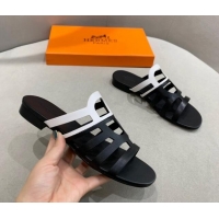 Good Looking Hermes Camelia Flat Sandals in Calfskin Black/White 022407