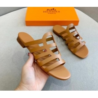 Hot Style Hermes Camelia Flat Sandals in Calfskin Brown 022409