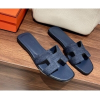 Classic Hot Hermes Classic Flat Slide Sandals in Blue Denim 022424