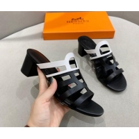 Good Quality Hermes Camelia Medium Heel Sandals 5cm in Calfskin Black/White 022415