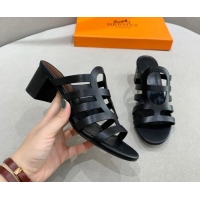 Good Product Hermes Camelia Medium Heel Sandals 5cm in Calfskin Black 022418