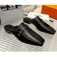 Pretty Style Hermes Groupie Calfskin Flat Mules Black 030358