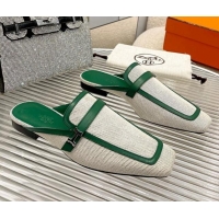 Hot Style Hermes Groupie Flat Mules in Leather and Fabric Green 030364