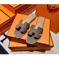 Best Grade Hermes Oran H Flat Slipper Sandals in Togo Grainy Calfskin Taupe 0308051