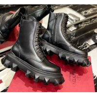 Stylish Valentino One Stud Calfskin Lace-up Ankle Boots All Black 091205