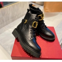 Stylish Valentino VLogo Signature Calfskin Combat Ankle Boots Black/Gold 091213