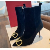 Classic Hot Valentino VLogo Suede Ankle Boots 8cm Black 1011107