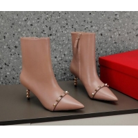 Charming Valentino Rockstud Stripe Calfskin Ankle Boots 7cm Dusty Pink 101213