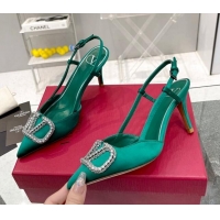 Best Grade Valentino Crystal VLogo Silk Slingback Pumps 7.5cm Green 101214